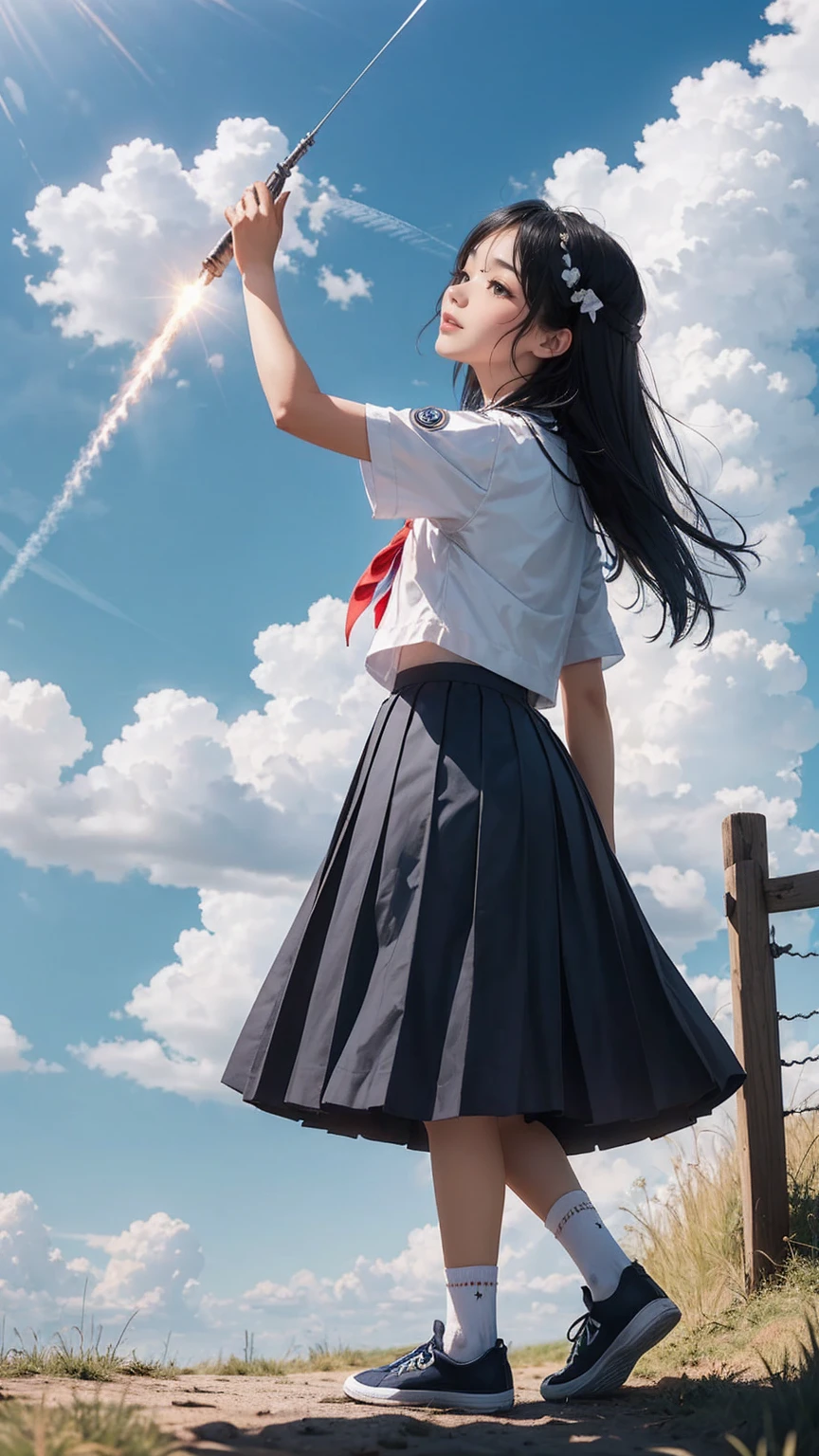 (最high quality, 8K, masterpiece: 1.3, Ultra HD, high quality, 最high quality, High resolution, realism)) 、slender、slenderだがアスリートのような細マッチョ、I don&#39;t want my head to disappear from the screen.、inner color((colored inner hair))、Smile((smile))、black hair((black hair))、black eye、Wear a summer sailor uniform、Wear a navy blue pleated skirt、wear white socks、Vertical roll on one side((side drill))、summer blue sky、There is a contrail between the clouds、Low-angle perspective、Lush、view audience