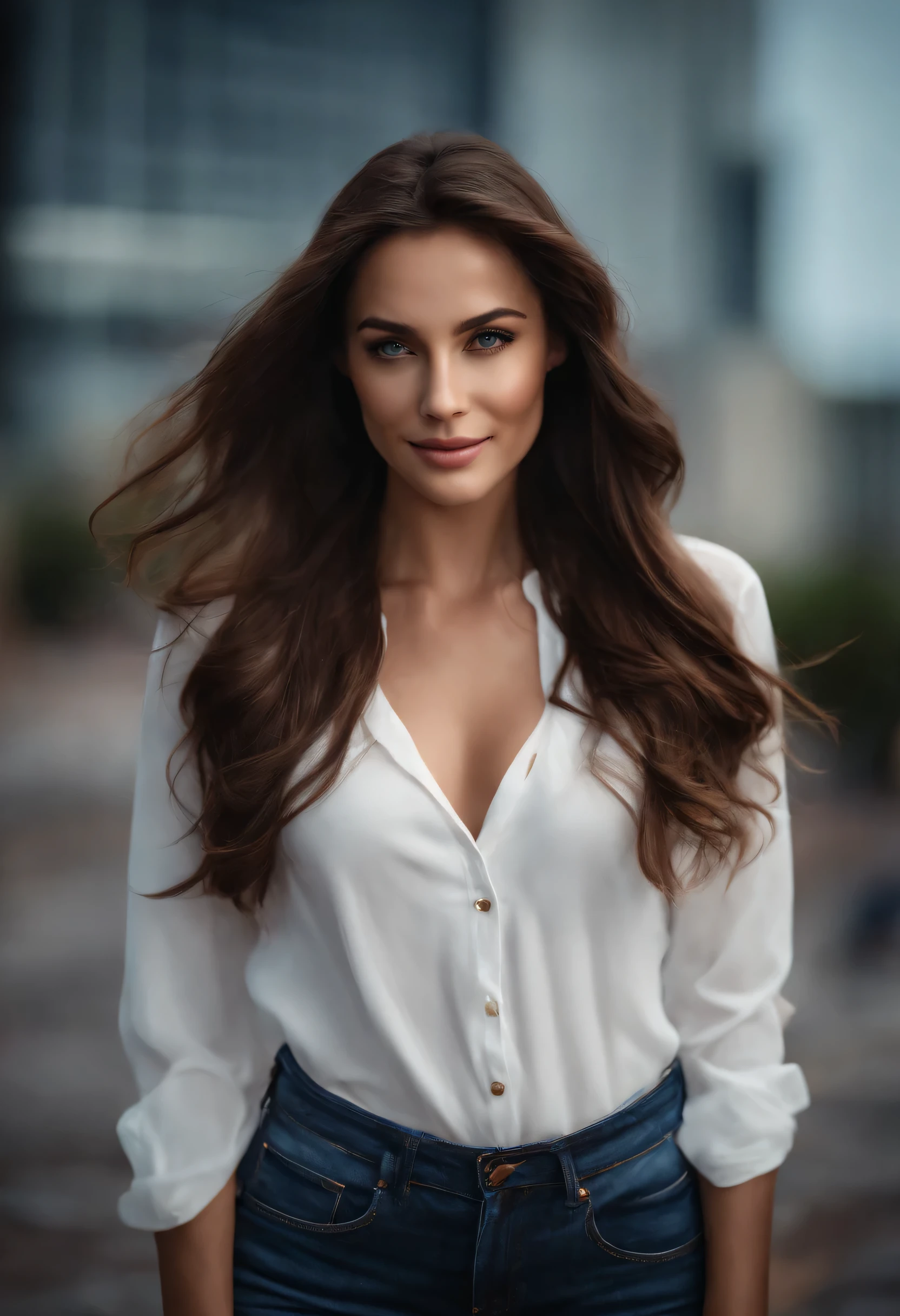 obra de arte, Melhor qualidade, ultra-detalhado),(1 garota), olhos azuis, cabelo longo, morena, dynamic angle, dynamic pose, natural lighting, Flutuando, (|blusa preta), (jeans:1.2|Leather pants:0.9), (pulseira de prata:1.2|assistir), (fundo natural:0.8| paisagem urbana), (sorridente:0.8| serious expression), (luz no cabelo), many drops of water:0.8