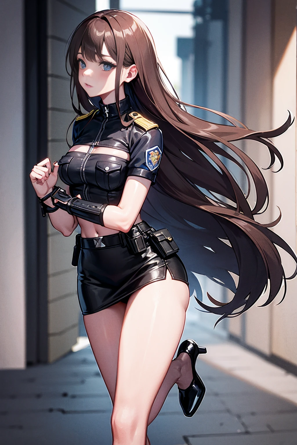 brown hair、Waist-length hair、blue eyes、beautiful eyes，Delicate Eyes，Droopy eyes，pink lips，25-year-old adult female，solo / 1girl，Policewoman Cosplay，black police uniform，miniskirt police，have handcuffs，Running desperately，pantyhose，black high heels，Patrolling the back alleys，Chasing criminals