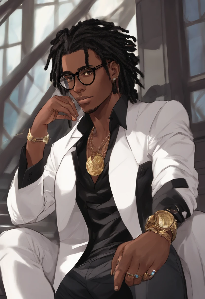 Dark skinned young man with blue eyes and a black jacket, black dreadlocks, dreadlock style hair, stubble beard, wearing black nerd glasses in an anime style, colored sketch, unrealistic character concept, character concept portrait of me, detailed character portrait, anime style character, anime style portrait, a character portrait, cel - shaded art style, His attire consists of a black, unbuttoned blazer with gold colored buttons on the front of the blazer and on the bottom of his sleeves and he wears a white v-neck shirt, white pants, a large black belt with a gold buckle, a smaller black belt that hangs loose on the side of his hip, and has on tan shoes with black buckles, inspired by King of Fighters