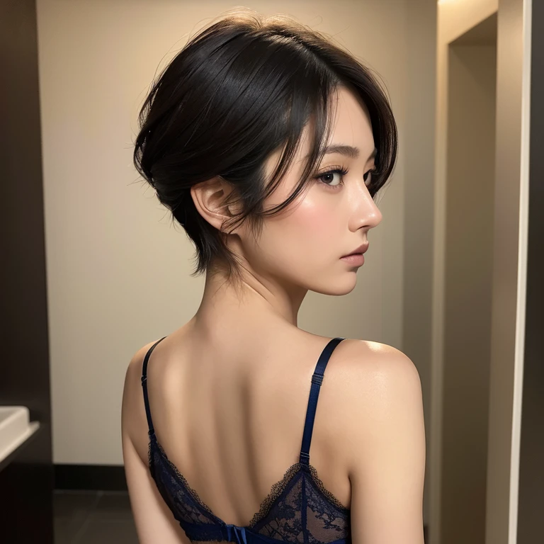 The eyes of a beautiful Japanese woman in her thirties with short hair standing in the bathroom wearing a dark blue lace bra, looking away and thinking. Focal length 100mmf/2.8, spring night, dressing room next to the bathroom on the upper floor of a high-rise apartment, well-shaped face, profile, damp hair, toned body, back view, smooth back, maximum close-up of eyes, sense of realism , 8K image quality, highest quality.