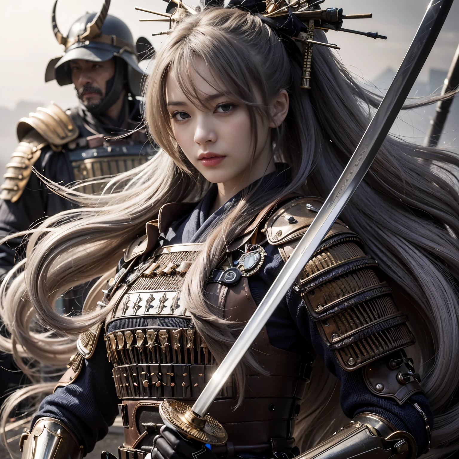 (best quality,highres,masterpiece:1.2),mechanical,hydraulic cylinders,samurai armor,Japanese sword,beautiful girl,twin tails,silver hair,realistic,photorealistic:1.37,photo shoot,ultra-detailed,hyper-realistic textures,full body,battlefield