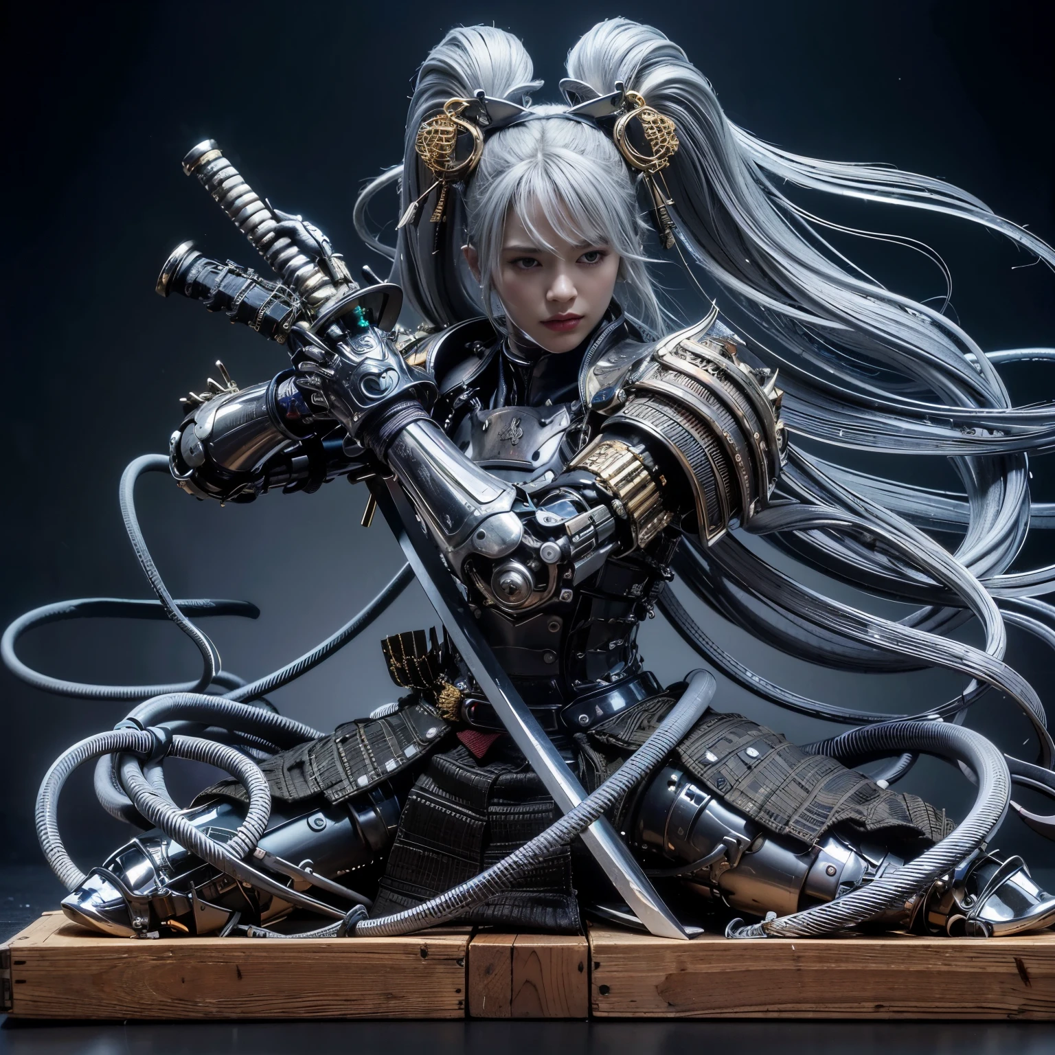 (best quality,highres,masterpiece:1.2),mechanical,hydraulic cylinders,samurai armor,Japanese sword,beautiful girl,twin tails,silver hair,realistic,photorealistic:1.37,photo shoot,ultra-detailed,hyper-realistic textures,full body,battlefield