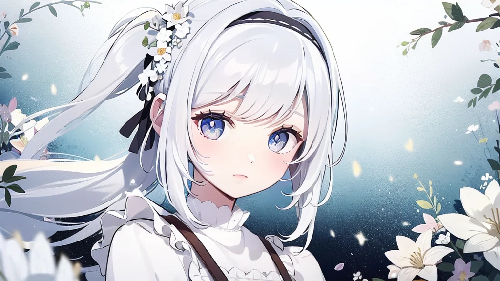 ((masterpiece, best quality))++, Detail lights+, detail hair+, Detail hand+ ,1 girl, long gray hair, dark blue eyes, beautiful eyes, Young gray hair,,(beautiful white hair:1.5),(beautiful eyes), high resolution+, , Glass tones, Reflective eyeanyery detail wallpaper, The original, ,Headband ,Nature,Beautiful aurora,single ponytail,city street,A splendid sea of flowers,