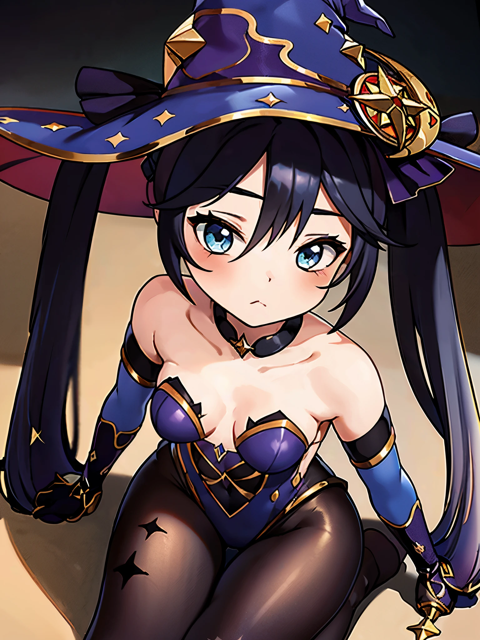 1girl,artist name,bare shoulders,black hair,black pantyhose,blue eyes,blush,breasts,cleavage,collarbone,detached sleeves,gloves,gold trim,hair between eyes,hat,highleg,highleg leotard,leotard,long hair,long sleeves,looking up,medium breasts,no shoes,pantyhose,solo,star (symbol),strapless,strapless leotard,thighlet,thighs,twintails,unworn hat,unworn headwear,very long hair,watermark,witch hat