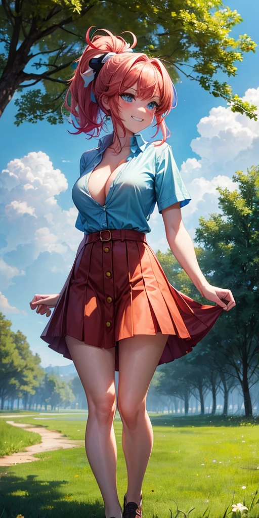 1girl, full body, summer, village, trees, sun, clouds, ((colorful hair)), ponytail, large breasts, button down, blue eyes, ((red, white and green shirt)), ((unbuttoned shirt)), unbuttoning buttons, ((short sleeved shirt)), black mini skirt, brown shoes, grin, looking at the viewer, standing, red, white and green hair ribbon, cleavage, ((golden necklate))