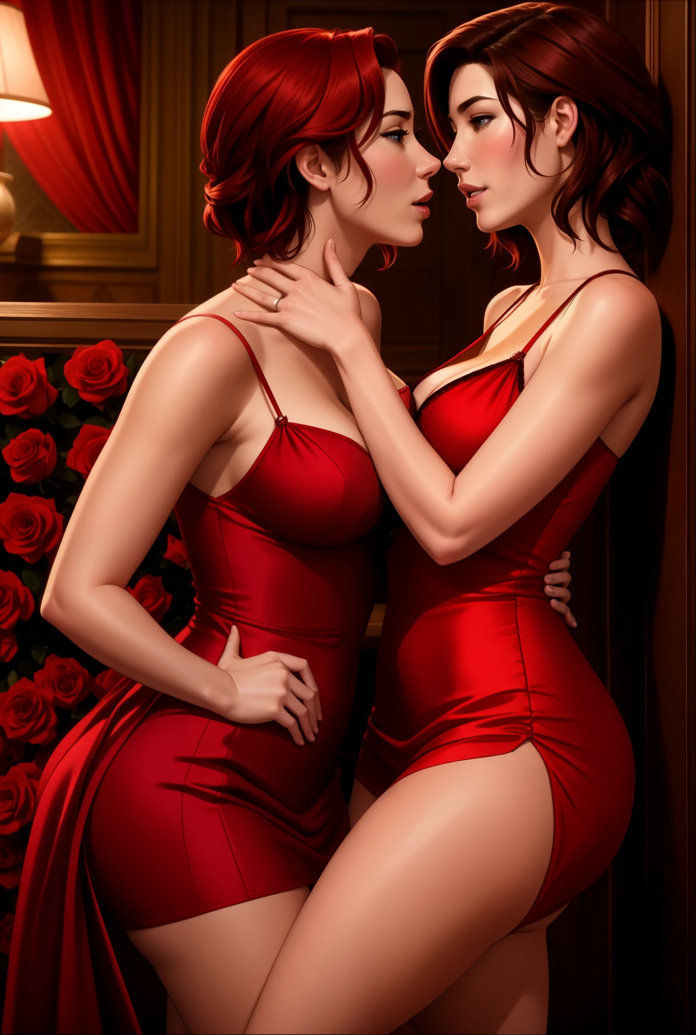 Jaime Murray and Allison Scagliotti in a sexy short red dress, roses, brothel, lesbian, touching, kissing, fondling