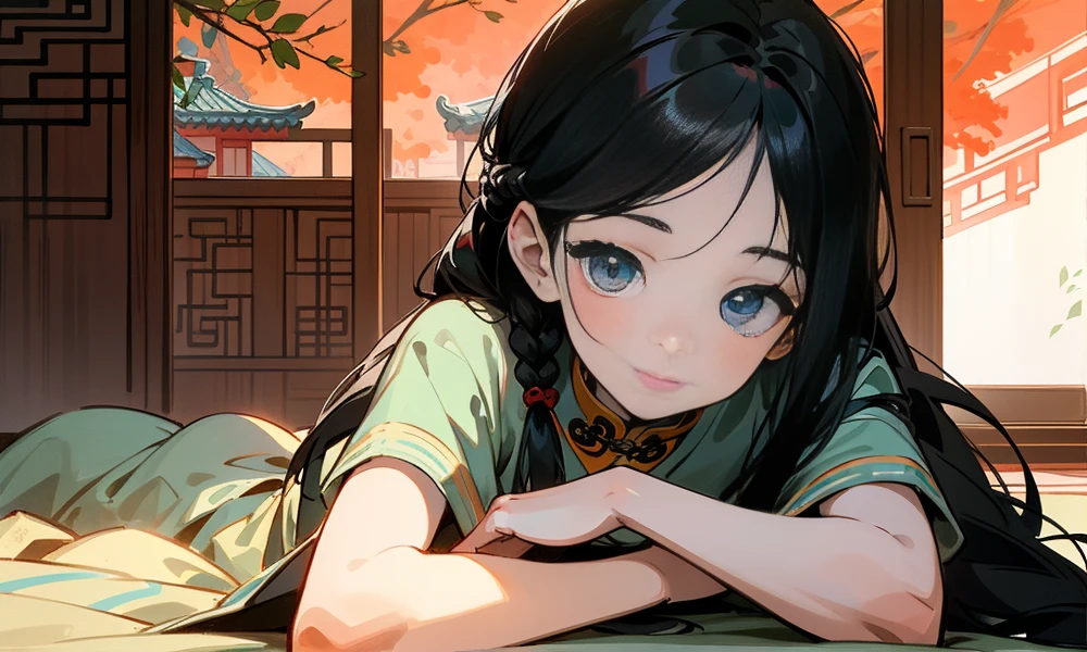 A with a beautiful face, black hair styled into a single braid, a smile on her face, rosy cheeks, surrounded by a traditional Chinese architecture. She represents the image of an ancient Chinese girl, with natural lighting that enhances her features. The image quality is of the highest standard, with ultra-fine details, making it a masterpiece. Her eyes are exceptionally detailed and captivating, with a realistic texture to her skin. The details of her hair are beautifully depicted. The overall environment is set in a grey ambiance, emphasizing the traditional Chinese style. The girl is wearing a Chinese-style dress . She is sitting by the edge of a bed, creating a serene and tranquil scene.