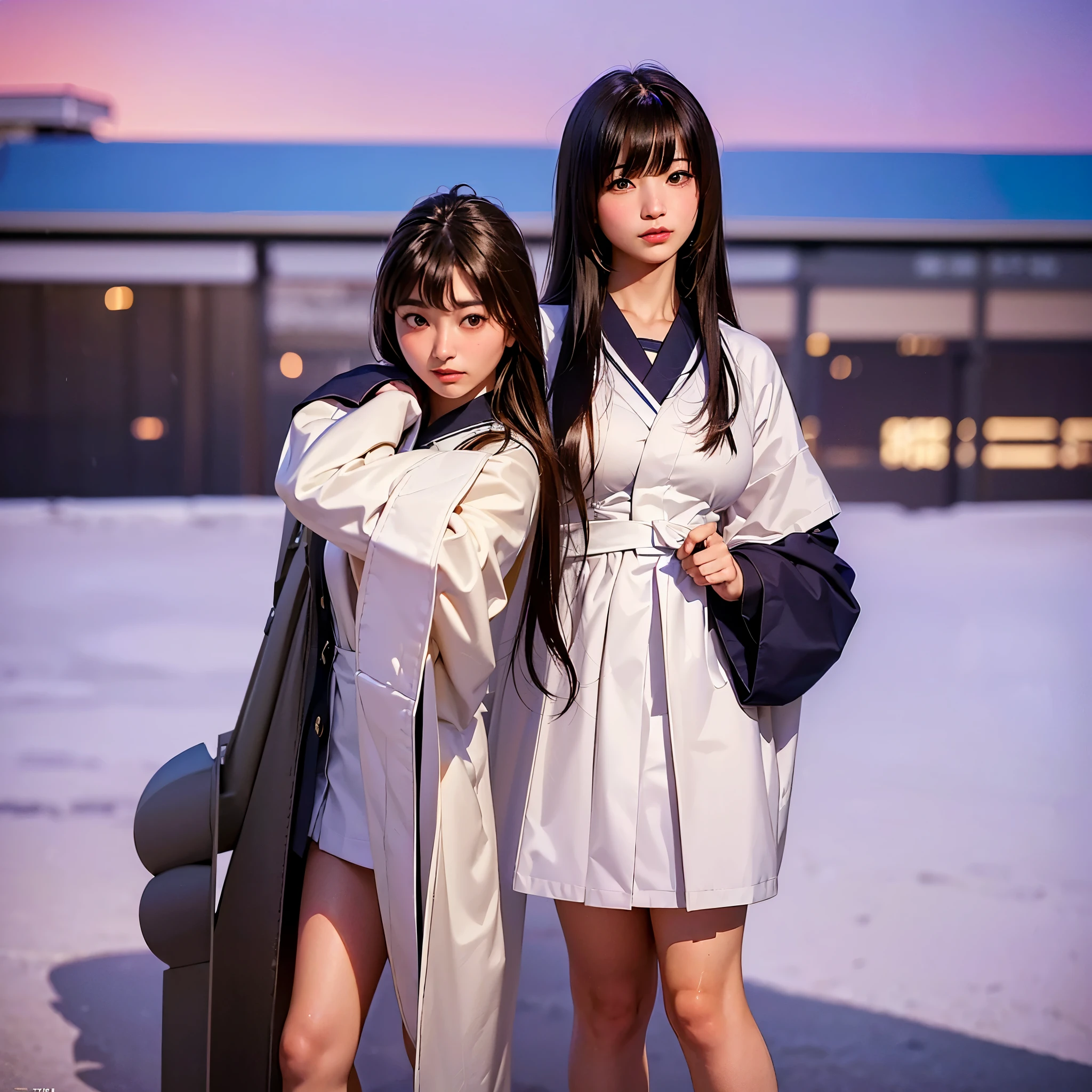 ((Japanese uniform ∶1.15)),((Beautiful Japanese high school girl ∶1.18)),32k,high detail,Photoreal,Professional,cinematic quality,(Shiny brown medium-long hair ,good shape big breasts),Snowy city,Christmas,Highest image quality,highest quality