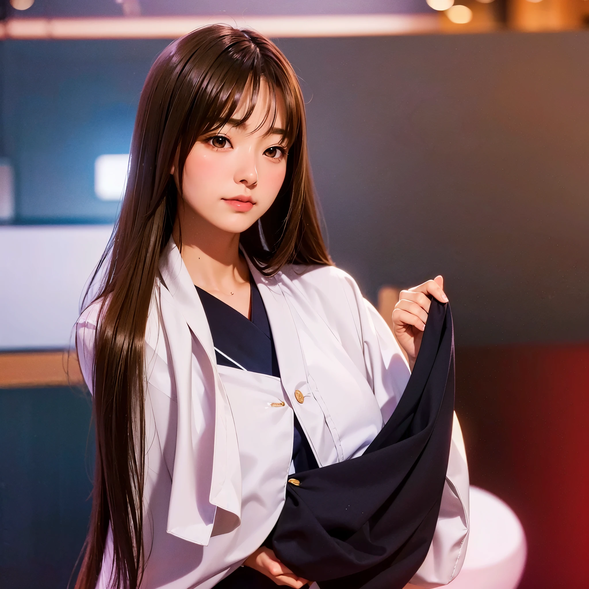 ((Japanese uniform ∶1.15)),((Beautiful Japanese high school girl ∶1.18)),32k,high detail,Photoreal,Professional,cinematic quality，(Shiny brown medium-long hair ,good shape big breasts),Snowy city,Christmas,Highest image quality,highest quality