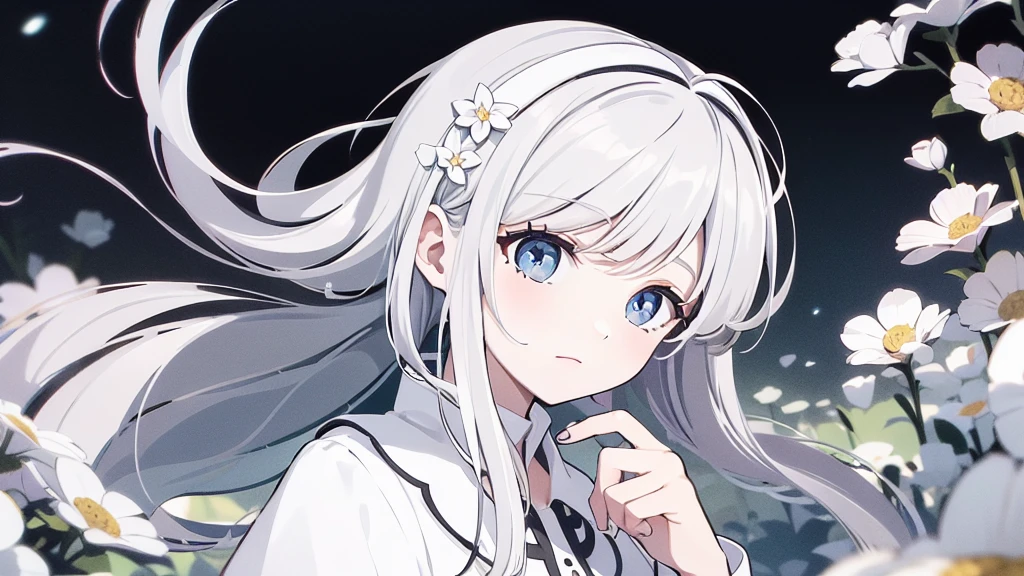 ((masterpiece, best quality))++, Detail lights+, detail hair+, Detail hand+ ,1 girl, long gray hair, dark blue eyes, beautiful eyes, Young gray hair,,(beautiful white hair:1.5),(beautiful eyes), high resolution+, , Glass tones, Reflective eyeanyery detail wallpaper, The original, ,Headband ,Nature,Beautiful aurora,single ponytail,city street,A splendid sea of flowers,