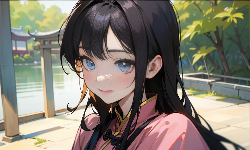 (best quality,highres,masterpiece:1.2),ultra-detailed,realistic:1.37,beautiful detailed eyes,realistic detailed skin texture,detailed hair,natural light,chinagirls,Chinese ancient architecture,smiling,pink blush,chinadress,oustanding chinese garden background,portrait,14-year-old girl's face,black hair,single plait,outdoor,landscape,full-length shot