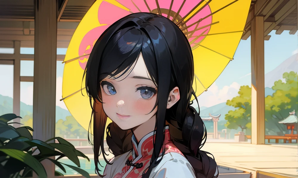 (best quality,highres,masterpiece:1.2),ultra-detailed,realistic:1.37,beautiful detailed eyes,realistic detailed skin texture,detailed hair,natural light,chinagirls,Chinese ancient architecture,smiling,pink blush,chinadress,oustanding chinese garden background,portrait,14-year-old girl's face,black hair,single plait,outdoor,landscape,full-length shot
