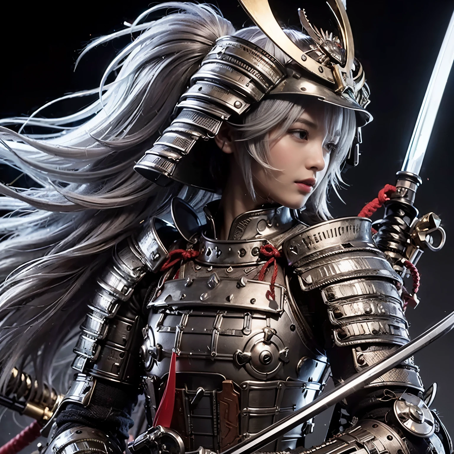 (best quality,highres,masterpiece:1.2),mechanical,hydraulic cylinders,samurai armor,Japanese sword,beautiful girl,twin tails,silver hair,realistic,photorealistic:1.37,photo shoot,ultra-detailed,hyper-realistic textures,full body,battlefield