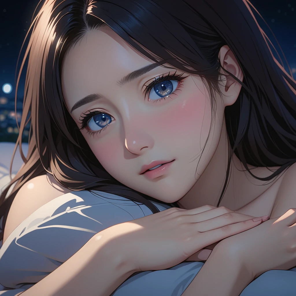 masterpiece, High resolution, illustration, kyoto animation style, Your name is cinematic style, night, midnight, Light, (1 female: 1.3), (alone: 1.4), long eyelashes, long hair, nose blushing, futon, temptress, naked, face close-up, Hide with hands , Hide with hands,