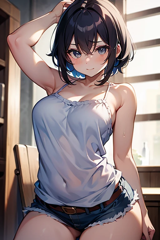 NSFW, Boyish, normal breast, short hair, short, black hair, smile