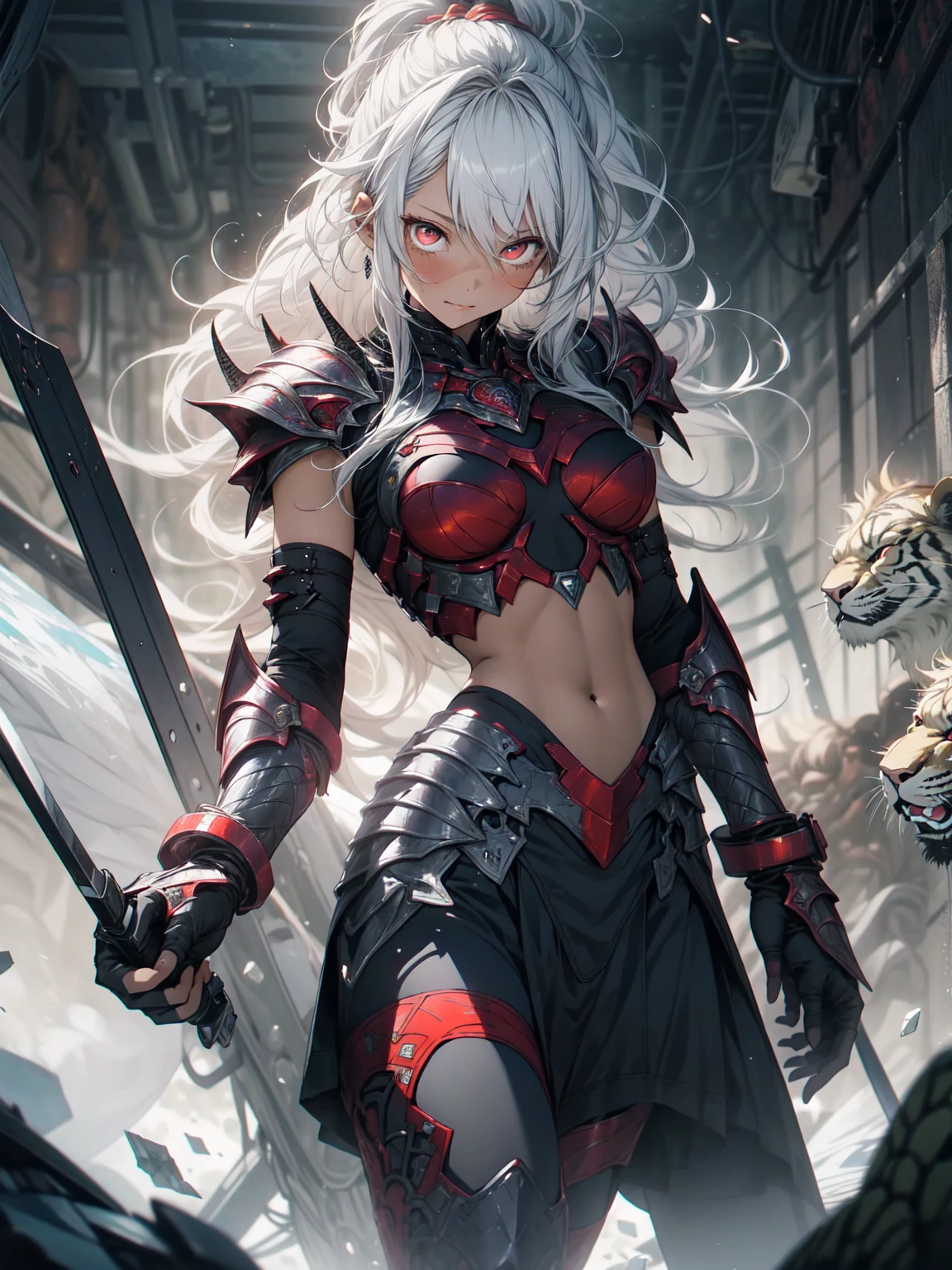 make it realistic,(masterpiece,highest quality,highest quality,very detailed,fractal art,most detailed,(abstract background:1.5)(1 girl),Kamimei,(ponytail),(Shining red eyes and beautiful white hair、big breasts,trained abdominal muscles),Abyss Stick、crystallization,high leotard,sexy,machine armor、demon horn、berserk、Skirt Armor