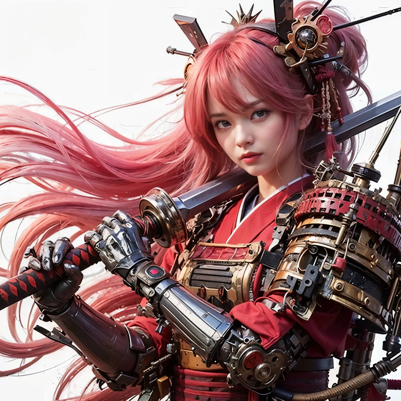 (best quality,highres,masterpiece:1.2),mechanical,hydraulic cylinders,samurai armor,Japanese sword,beautiful girl,twin tails,silver hair,realistic,photorealistic:1.37,photo shoot,ultra-detailed,hyper-realistic textures,full body,battlefield