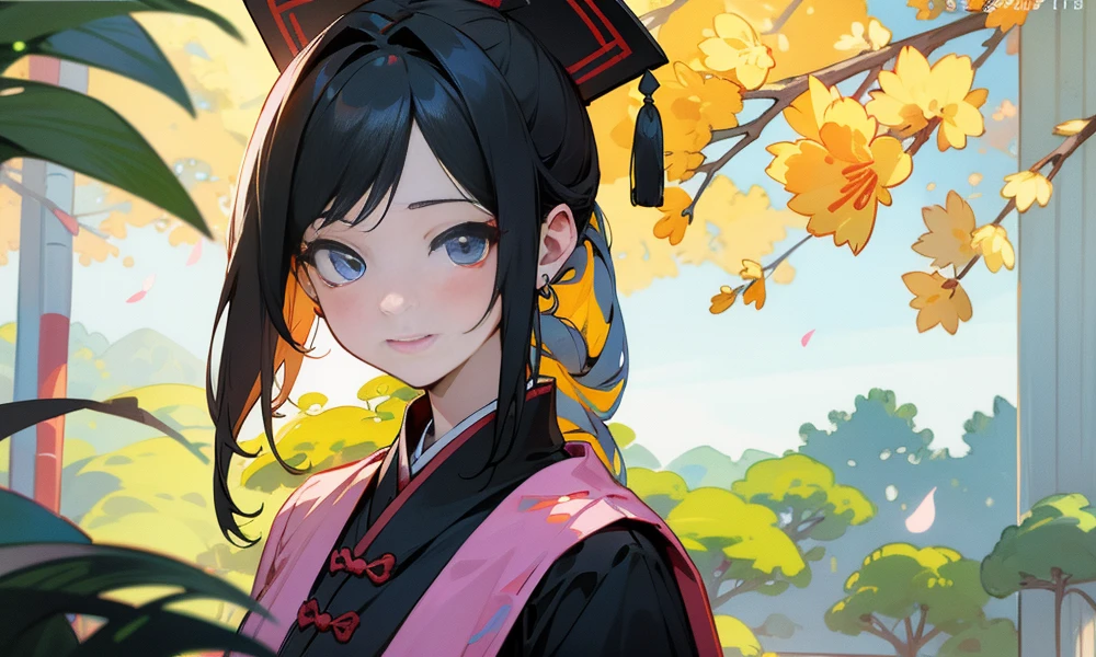 (best quality,highres,masterpiece:1.2),ultra-detailed,realistic:1.37,beautiful detailed eyes,realistic detailed skin texture,detailed hair,natural light,chinagirls,Chinese ancient architecture,smiling,pink blush,chinadress,oustanding chinese garden background,portrait,14-year-old girl's face,black hair,single plait,outdoor,landscape,full-length shot