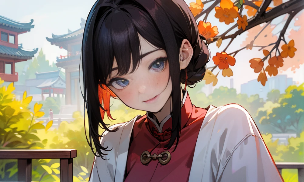 (best quality,highres,masterpiece:1.2),ultra-detailed,realistic:1.37,beautiful detailed eyes,realistic detailed skin texture,detailed hair,natural light,chinagirls,Chinese ancient architecture,smiling,pink blush,chinadress,oustanding chinese garden background,portrait,14-year-old girl's face,black hair,single plait,outdoor,landscape,full-length shot