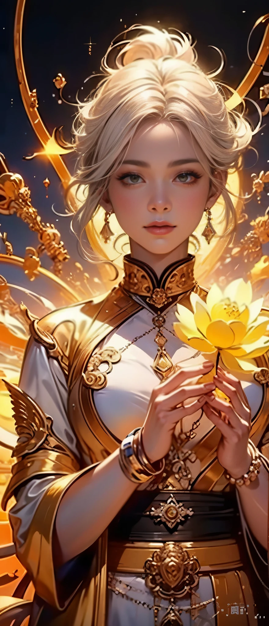（Chinese gods）, （Buddhism）, multiplication_Handmade Stories）, （Buddha）, 她sitting on lotus, （Three hands on the left，right hand three hands, Each hand holds a different Buddhist vessel, bilateral symmetry），（Exquisite and beautiful face）, （white silk robe）sitting on lotus, protrait photo，faint smile, neoclassicism, On Art, chiaroscuro, movie lighting, divine light, Ray tracing, character table, expected insert, First-person perspective, ultra high definition, masterpiece, precise, textured skin, Super details, high detail, high quality, Award-winning, best quality, high resolution, 8K