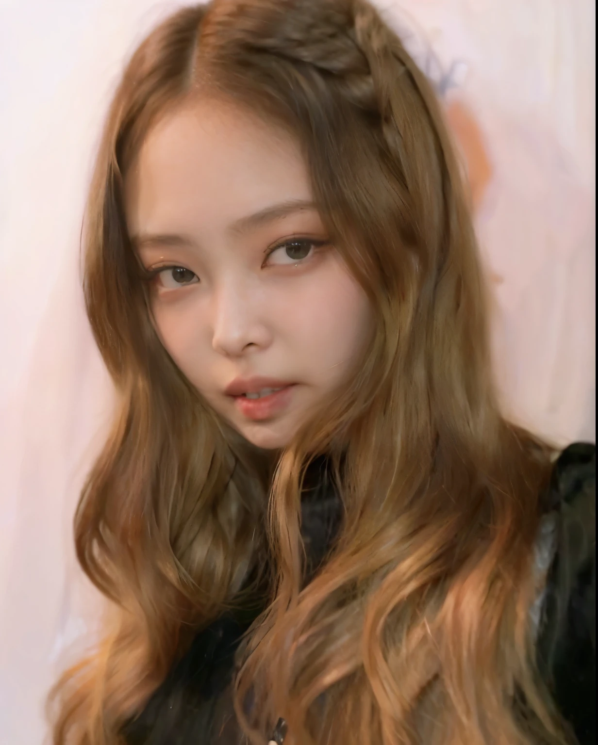 un primer plano de una mujer con cabello largo y un top negro, cara como ester exposito, Retrato de Sophie Mudd, Dasha Taran, Angelina Stroganova, anastasia ovchinnikova, cabello rubio y ojos grandes, long cabello rubio y ojos grandes, taken in the early 2020s, sonrisa sensual, jennie blackpink 