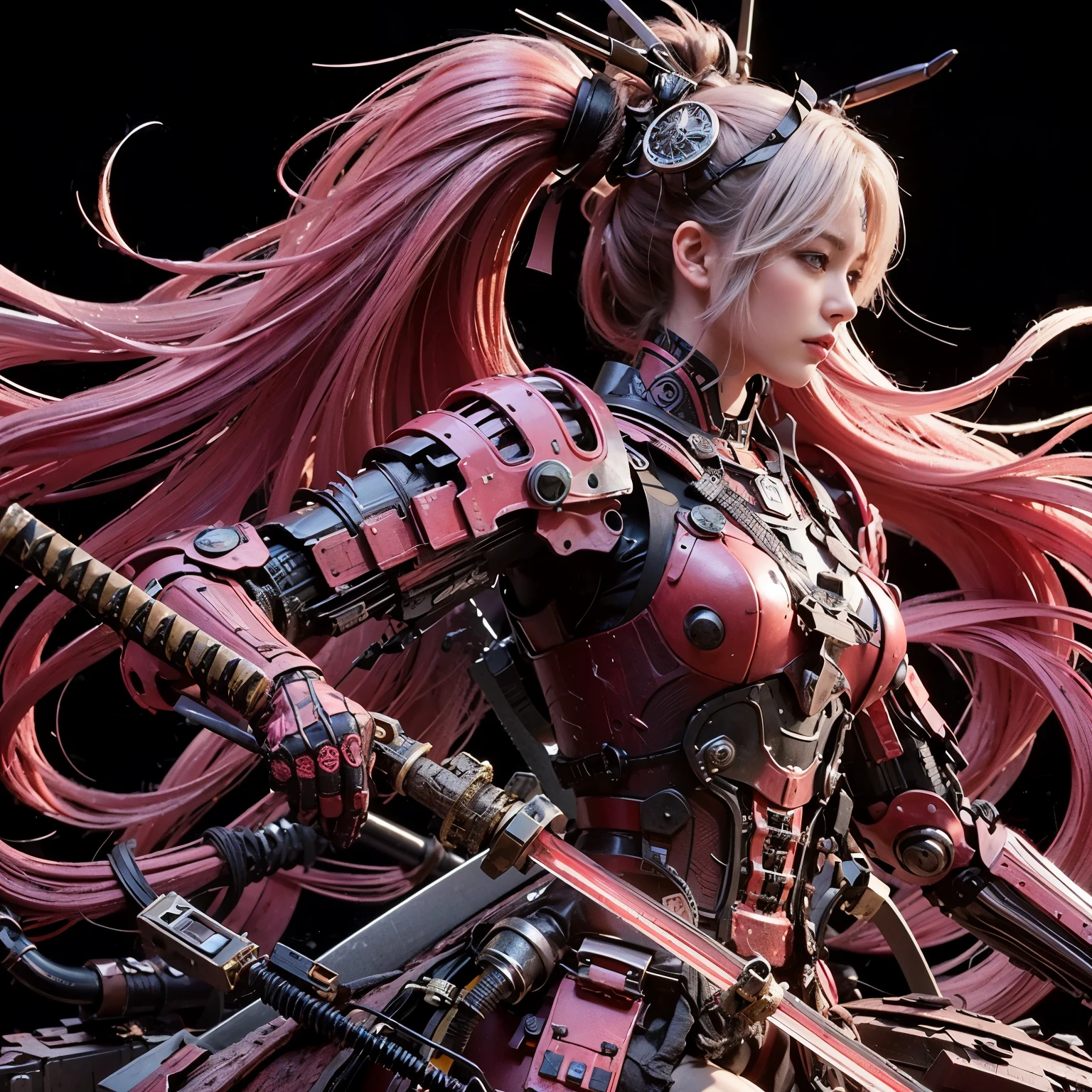 (best quality,highres,masterpiece:1.2),mechanical,hydraulic cylinders,samurai armor,Japanese sword,beautiful girl,twin tails,silver hair,realistic,photorealistic:1.37,photo shoot,ultra-detailed,hyper-realistic textures,full body,battlefield
