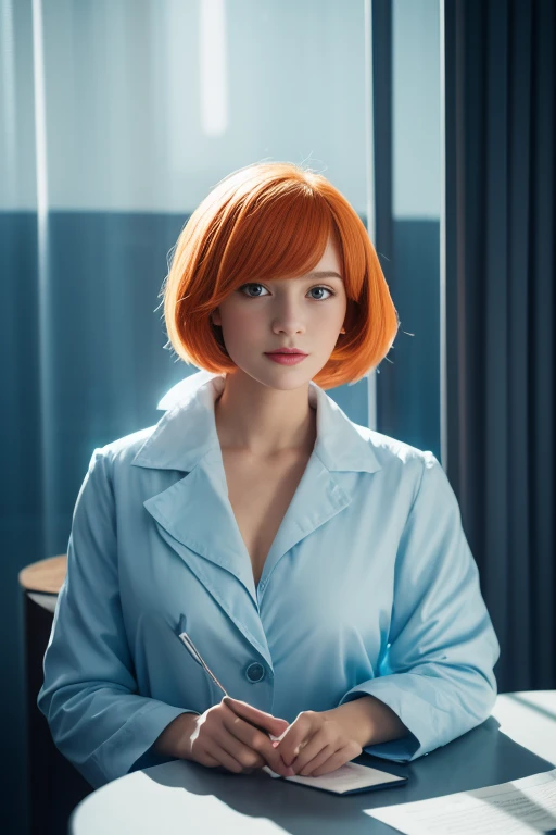 best quality, (masterpiece:1.2), illustration, Ridiculous, (1 girl, alone), (Beautiful and delicate girl), ((Upper body, portrait)),, Kayla McMillan, short hair, orange hair, blue eyes, medium breasts, blue crystal earrings, white jacket, , cool, calm, looking at the audience,, Elegant bedroom interior, night, window, curtain, starry sky, lamp, bookcase, nightstand, vase, table,
