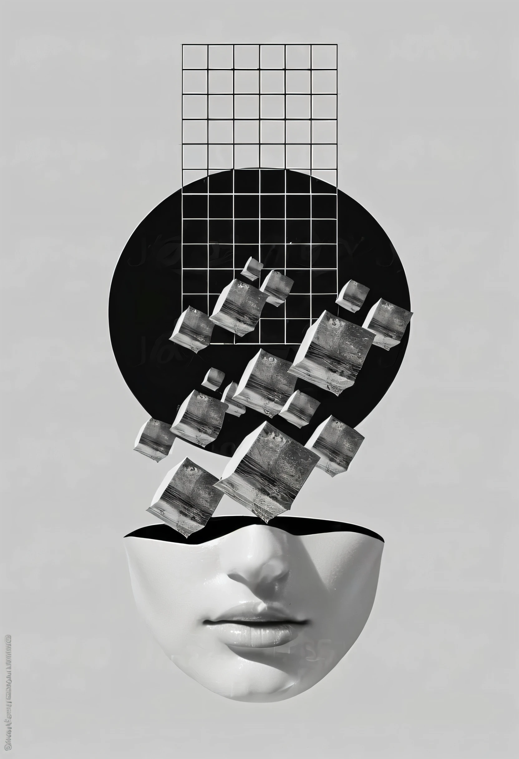 a black and white photo of a woman&#39;s head, from which blocks protrude, Surreale Collage, a contemporary artistic collage, inspiriert von Igor Morski, von Jeonseok Lee, abstract portrait, Illustration of contemporary art, surreales Design, von Silvia Pelissero, Abstrakter Surrealismus, von János Nagy Balogh, Black and white artwork