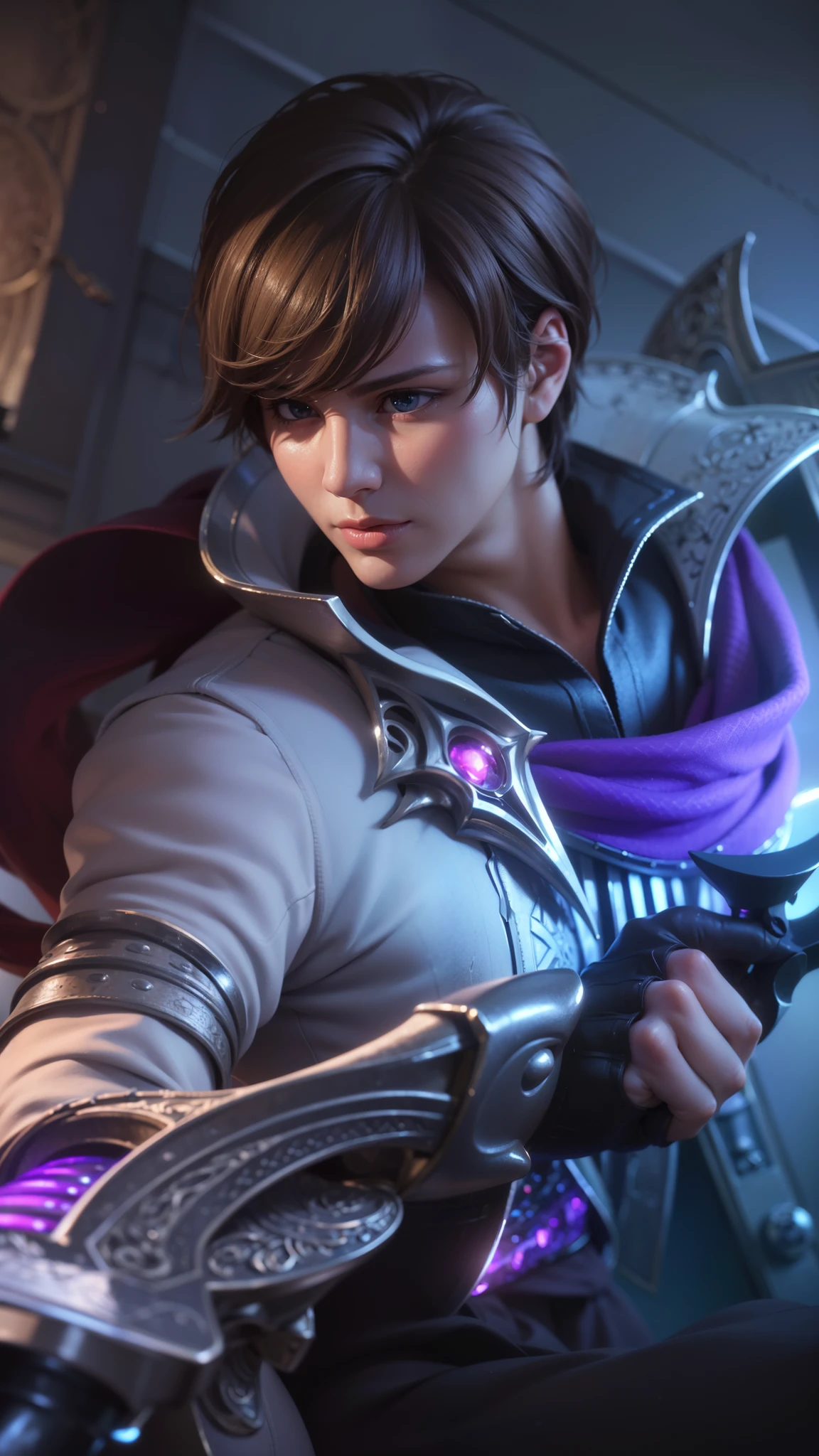 a close up of a person holding a sword in a room, masculine male, masterpiece, ((perfect eyes)) best quality, (semirealism:1.9), beautiful lighting, (extremely detailed CG unity 4k fhd wallpaper), High Detail, Sharp focus, dramatic outdoors, 1 boy ,19 years old, light purpel eyes, 8k, ultra hd, ultra detailed texture, hyper realistic, masterpiece, detailed texture, detailed face, detailed skin, detailed lighting, (photorealistic:1.5), best quality, beautiful lighting, cinematic lighting, professional lighting, ultra highres, realistic, detailed hair, real hair, high quality, (realskin:1.5), extremely detailed, finely detail, ultra-detailed, glare.