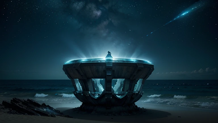 in a galaxy far far away Primeval life emerges from the sea on a alien shore ,Ultra high hd ,Bioluminescence , detailed matte painting, deep...