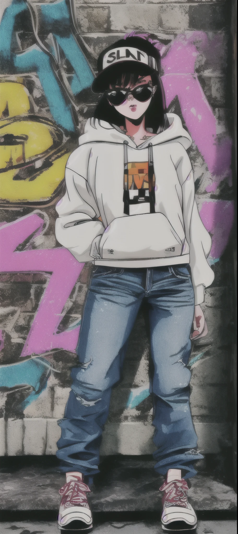 (A best quality,ultra-detailed) 90s-style, tall, thug, gangsta, rude swagger, arrogant, haughty, bad lil bitch, boss bitch, bitchy female, disgusted, saggy creased baggy, stylish hip hop hoodie, graffiti walls, neon lights, boombox, gold chains, baggy jeans, chunky sneakers, oversized sunglasses, fierce attitude, bold makeup, vibrant colors, dynamic pose, city skyline in the background, dimly lit alleyway, confident expression, iconic 90s hairstyle, edgy tattoos, smoke effect, vibrant energy, retro vibes.