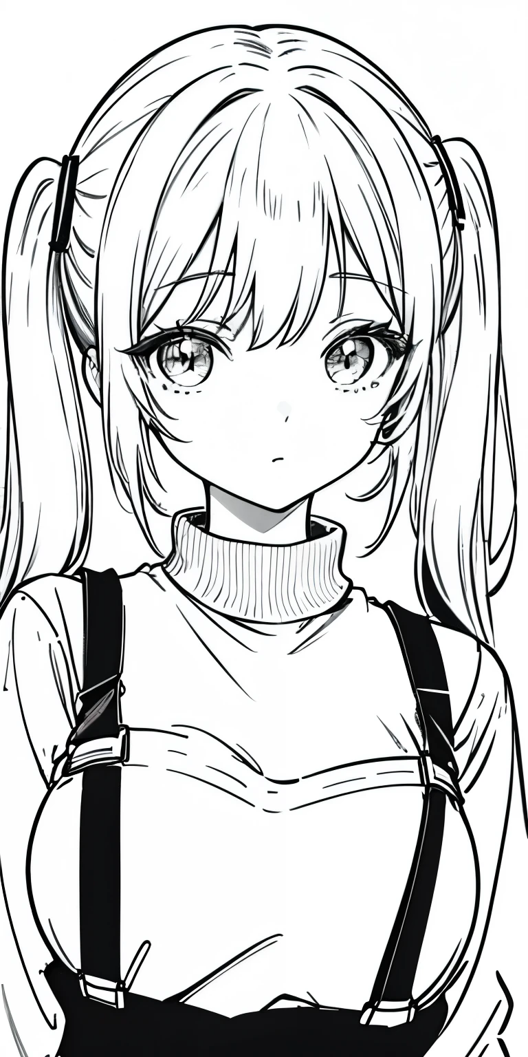 Portrait of a cute anime girl with long pigtails in a pullover and an overall, line art, monochrome, aspect ratio of 3:4, Masterpiece, best quality