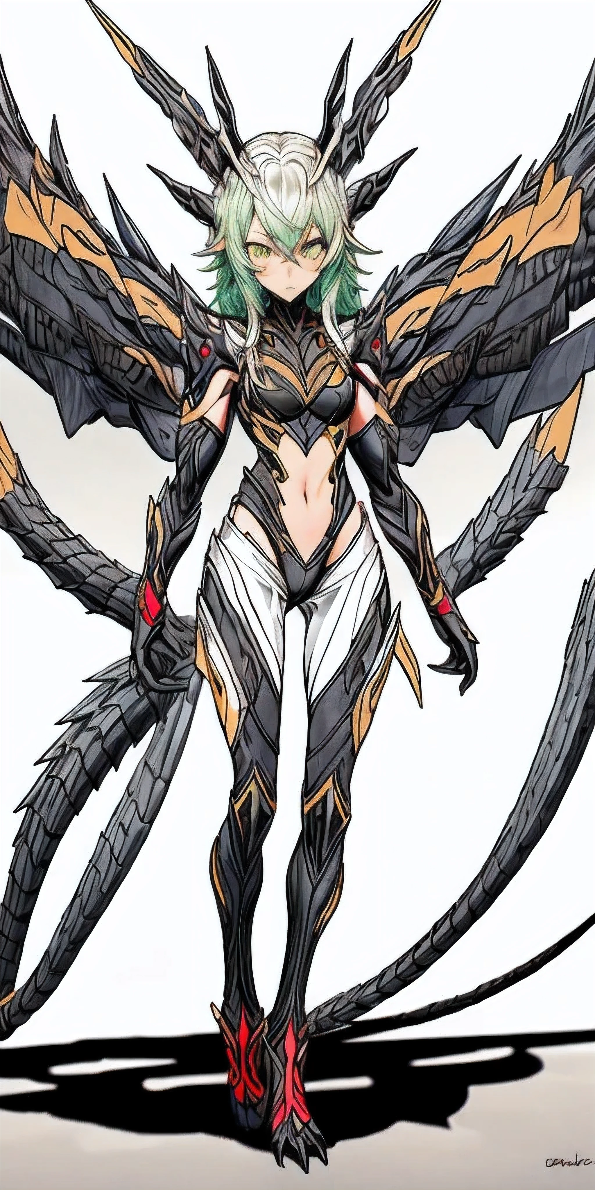 Slender mech with wings and katana of green and violet IvoryGoldAI battle on the battlefield