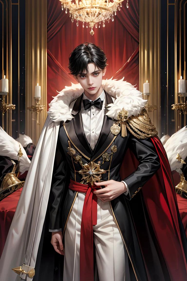 
masterpiece, 最high quality, high quality, 1 boy, alone, male focus, looking at the viewer, whole body, Winning spirit_destiny, Messy black hair, blue adorable big eyes, white people, Noble, Noble, Noble的な吸血鬼、An elegant tuxedo,A very large, very tall stand-up collar, a very large, very long, long cape that reaches down to the floor, made of a lot of fabric, red and black., ,cute beautiful boy,cute cute handsome boy