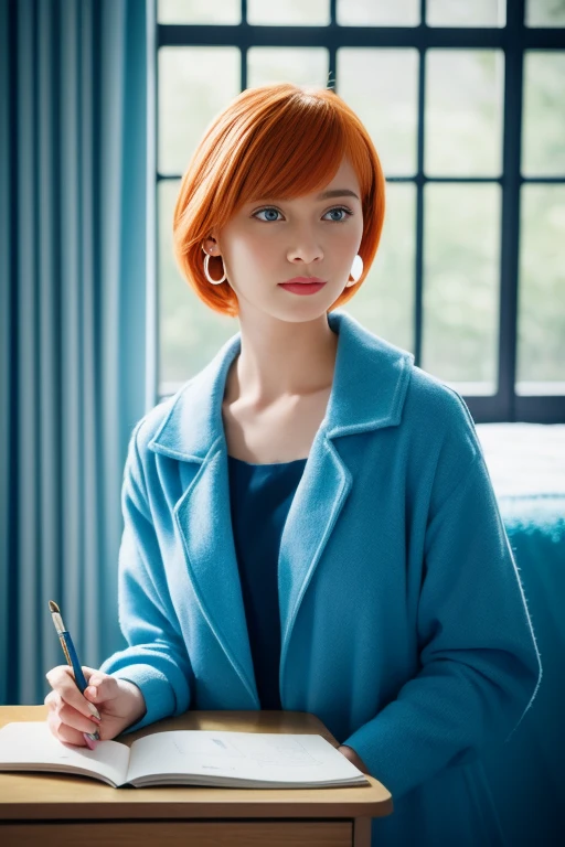 best quality, (masterpiece:1.2), illustration, Ridiculous, (1 girl, alone), (Beautiful and delicate girl), ((Upper body, portrait)),, Kayla McMillan, short hair, orange hair, blue eyes, medium breasts, blue crystal earrings, white jacket, , cool, calm, looking at the audience,, Elegant bedroom interior, night, window, curtain, starry sky, lamp, bookcase, nightstand, vase, table,