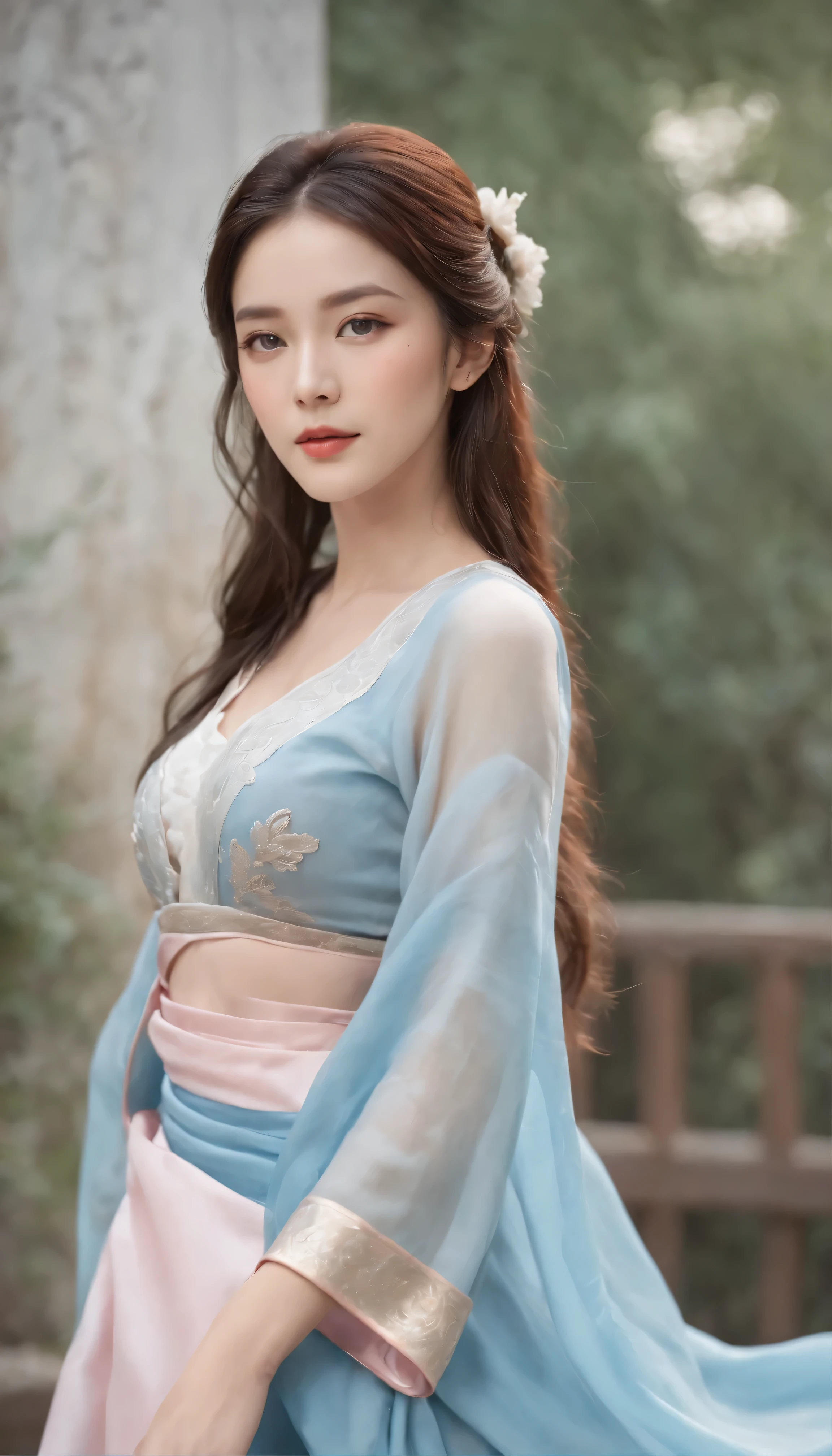 1 beautiful and cute reality show girl, gentle young girl, Waist length hair, long black hair,slightly blue, light blue eyes, Wear long, thin, a blue dress,hanfu style, ((a blue dress,White lace border covers the girl's:0.8)), style hanfu, Wearing an ancient Chinese silk shirt, Pink and white skin, Wear low-key antiques, elder, Shoulders and head appear in the photo,cute little face, Eye bags under wet makeup, plump red lips, pout, ((Keep your mouth shut:1.0)), Balance front teeth, Awkward, Small face makeup explained,very beautiful, The breasts are super round and firm, Breasts are very plump,plump breasts, Blum Wardrobe, ((Cover girl's breasts with camisole:1.2)), blush, from the front, wear earrings, necklace, from above, view viewer, upturned eyes, masterpiece, top quality, best quality, official art, unified 8k wallpaper, high resolution, 超high resolution, Super detailed, (lifelike:1.2), alone, alone, only 1 girl, style hanfu Dunhuang, 10x pixels, Surreal, super high quality, girl full body view, Seven-part shooting,