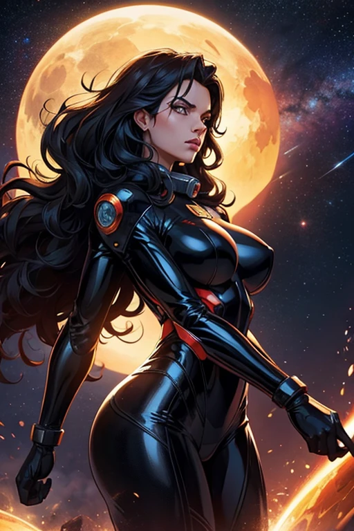 best quality, masterpiece, woman space super hero, angry, hi-tech armor over black latex suit, long curly hair, floating in deep space, with several planets and suns in the background
