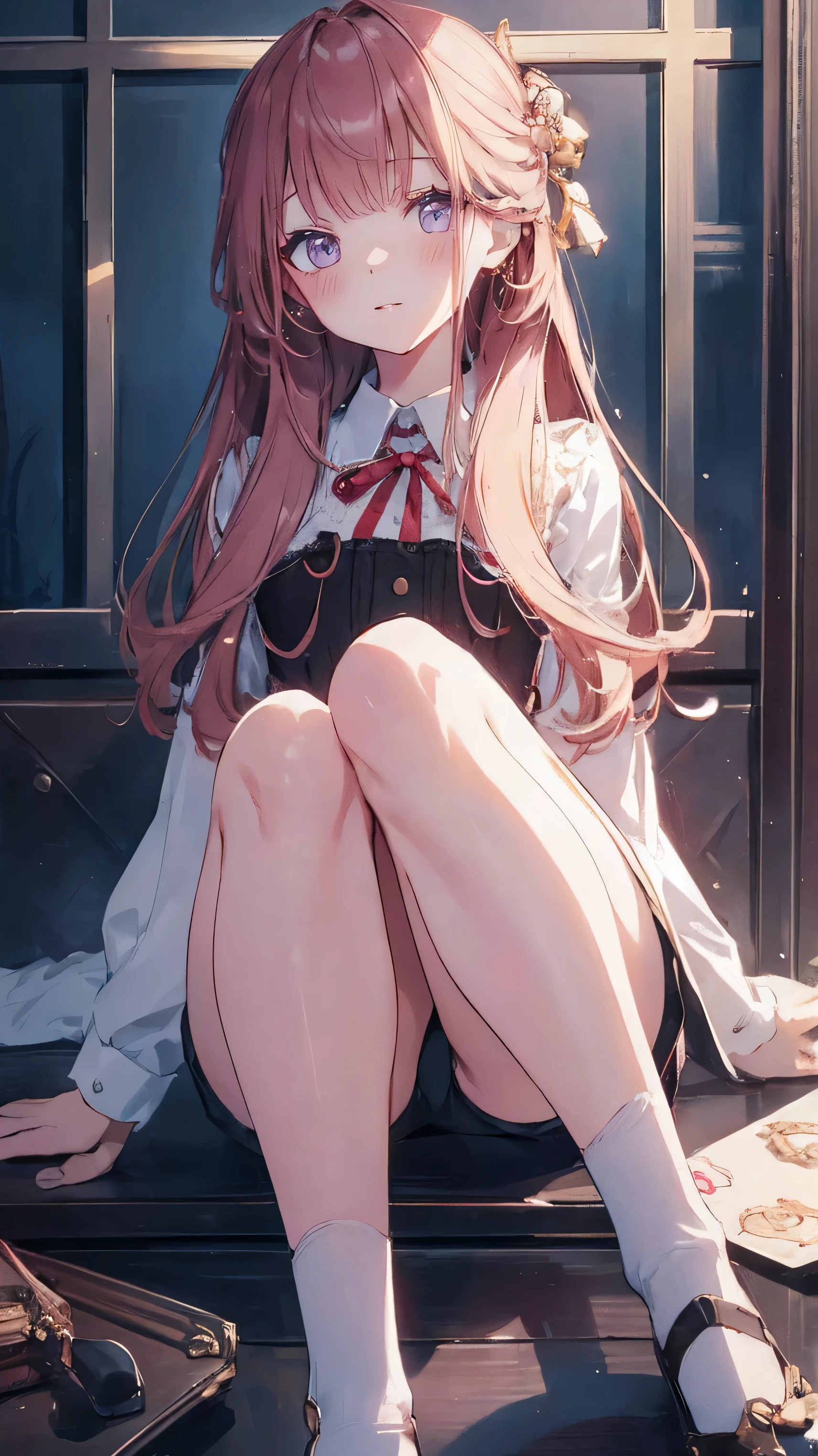 master piece、Highest image quality、highest quality、 ((panic))、glossy hair quality、small face、sitting、Super detailed and beautiful bright eyes、Super detailed clear and beautiful face、(cute illustration:1.2), High-resolution, ultra-detailed, best quality, embarrassed、(cute underwear)、(Gaps in shorts)