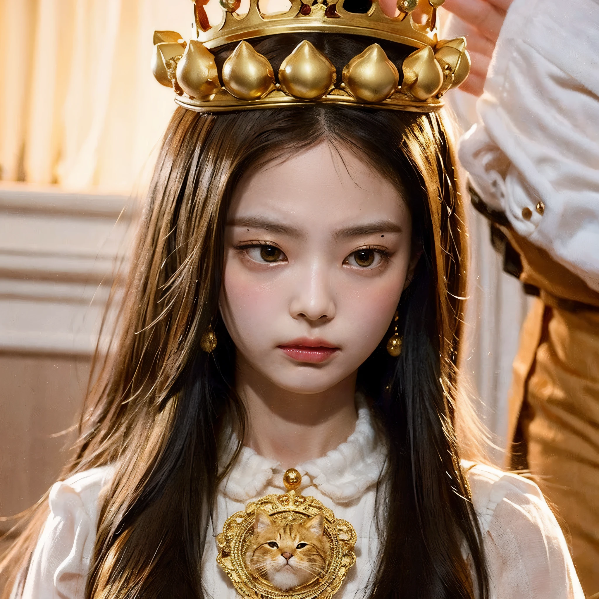 Golden cat logo with a queen crown and gloomy look.