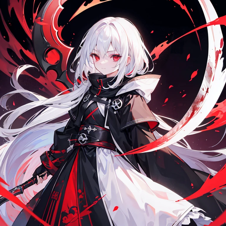 A girl with white hair and a black cloak carrying a scythe。He has red eyes and a slight smile.、Blood is flying。The background is a red night sky