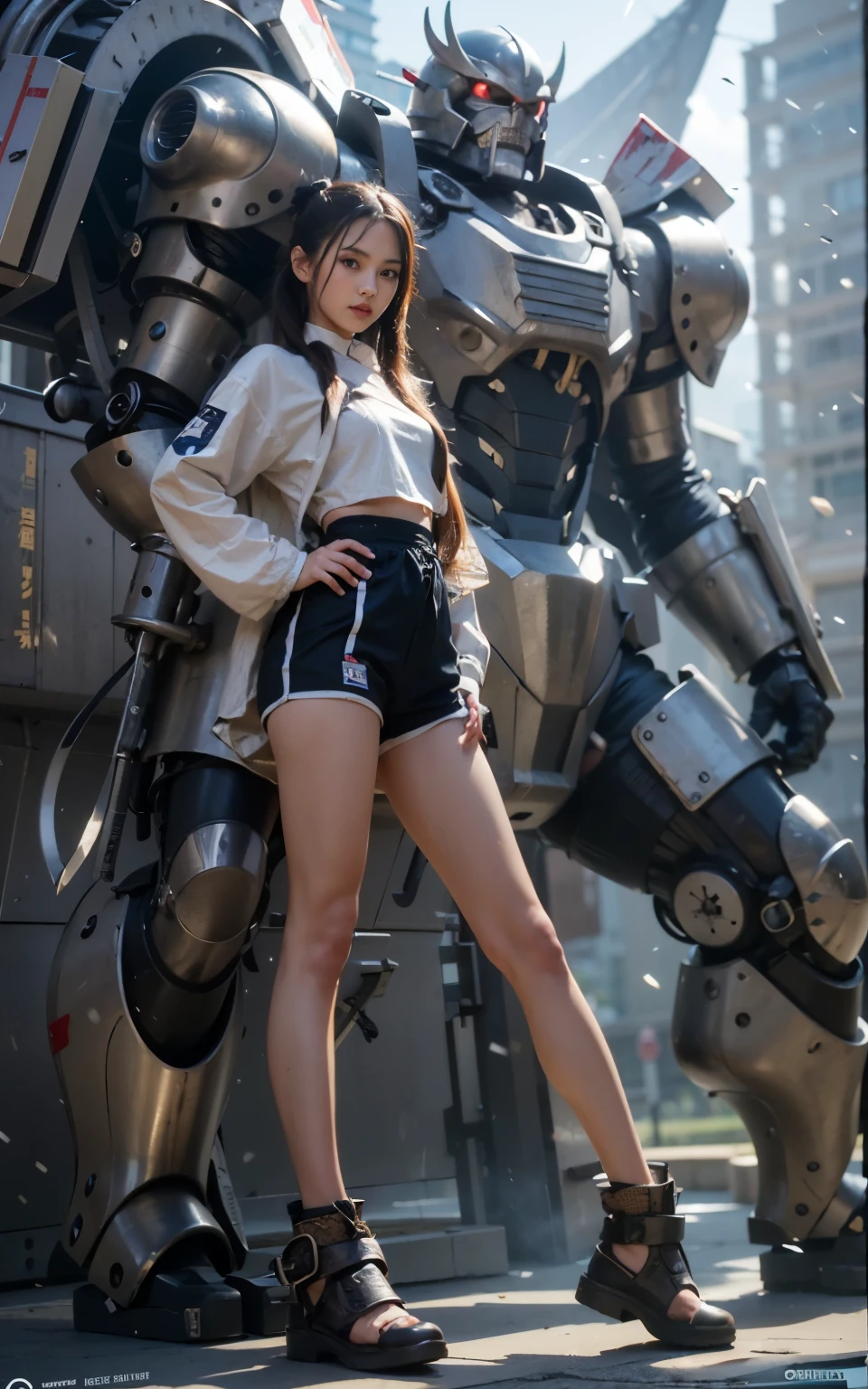 (best quality,highres,masterpiece:1.2),mechanical,hydraulic cylinders,samurai armor,Japanese sword,beautiful girl,twin tails,silver hair,realistic,photorealistic:1.37,photo shoot,ultra-detailed,hyper-realistic textures,full body,battlefield