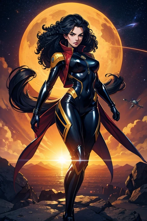 best quality, masterpiece, woman space super hero, full body, angry, hi-tech vest over black latex suit, long curly hair, floating in deep space, with several planets and suns in the background