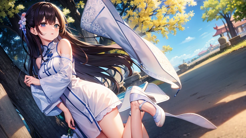 ((SFW)),(masutepiece, Best Quality),((high-definition4K)), 1lady, Solo, (White scales, Body cover with scale), Halo, Wings,Fallen Angel, Black hair, Loose waves, Red Eyes,Wet White Sheer T-Shirt,Short sleeve,Wet white skirt,White stockings,white thigh highs,Standing、Octane Render、(Hyper-detailing: 1.15)、cinematic lightening、Taken from behind、Cute Fantasy Princess、Handgun shooting practice、Fine Pattern Pistol,long boots、ultradetailed eyes、Full Paint、（Floral hair ornament、butterfly hair ornament）、masutepiece、Anatomically correct、blur、depth of fields