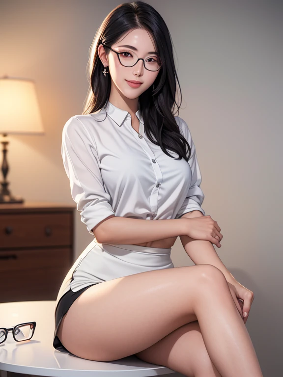 21 years old woman sitting in the office room, white wall, grey table, CEO, (business outfit:1.2), (office small shirt:1.2), black tight mini skirt, earrings, black stockings, (masterpiece:1.2, best quality), blush, ((black long hair)), brown eye, (big breasts), perfect slim body, perfect face, perfect hands, (shy face), perfect eyes, seductive eyes, beautiful detailed eyes, tempting, detailed fingers, beautiful detailed eyes, (((masterpiece))), ((best quality)), ((intricate detailed)), ((Hyperrealistic)), absurd res, perspective, highly detailed, bokeh, UHD, HDR, RAW photo, ray tracing, 8k, cinematic lighting, slightly red cheeks, perfect body, perfect legs, long legs, slim legs, (sweating face), bokeh, ray tracing, (blurry background:1.2), detailed background, perfect eyes, (gorgeous beautiful 24 age years old japanese women:0.4), ((white sillky skin)), sharp focus, detailed background, perfect eyes, seductive eyes, looking at the viewer, (light smile:1.05), from front, (wearing oval glasses:1.2), night view