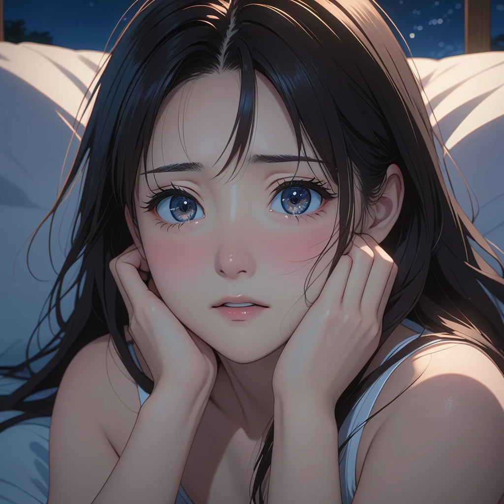 masterpiece, High resolution, illustration, kyoto animation style, Your name is cinematic style, night, midnight, Light, (1 female: 1.3), (alone: 1.4), long eyelashes, long hair, nose blushing, futon, nervous, naked, face close-up, Hide with hands , Hide with hands,