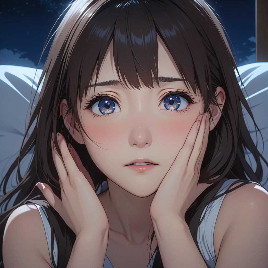 masterpiece, High resolution, illustration, kyoto animation style, Your name is cinematic style, night, midnight, Light, (1 female: 1.3), (alone: 1.4), long eyelashes, long hair, nose blushing, futon, nervous, naked, face close-up, Hide with hands , Hide with hands,