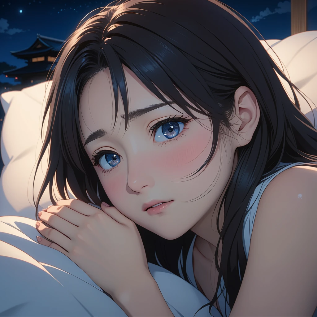 masterpiece, High resolution, illustration, kyoto animation style, Your name is cinematic style, night, midnight, Light, (1 female: 1.3), (alone: 1.4), long eyelashes, long hair, nose blushing, futon, nervous, naked, face close-up, Hide with hands , Hide with hands,