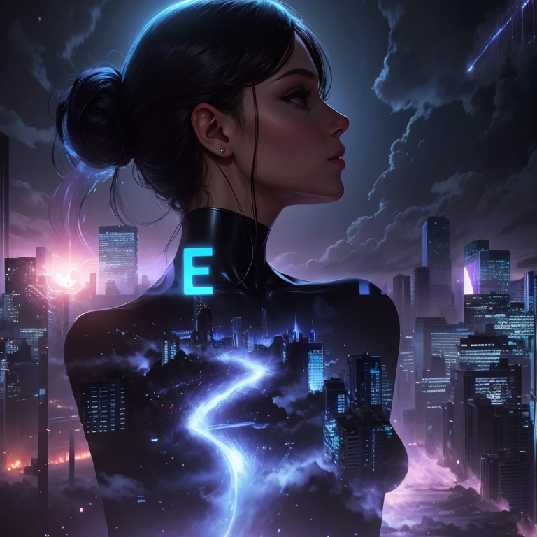 Close up portrait of a person holding a mobile phone in his hand, human future city, She's attracting lightning, wonderful, The image is futuristic, matte painting of human mind, Humanoid woman, Electric Woman, In a futuristic city, Beautiful holographic woman, In the city of the future, Futuristic Woman Portrait, fractal human silhouette, Woman in transparent glass