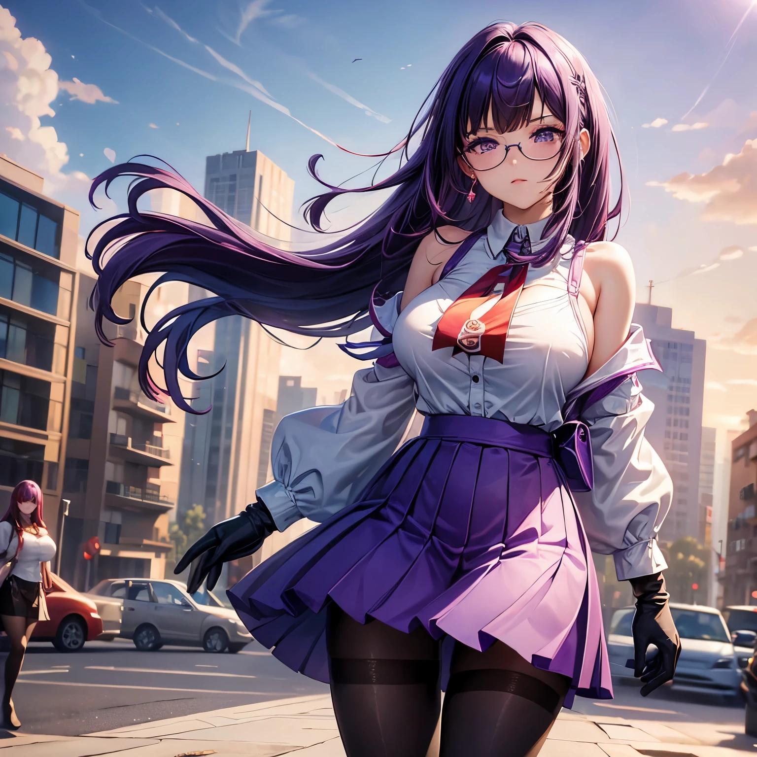 masterpiece, best quality,KFC, 1 girl, Bangs, only_Shoulder, skirt, breast, Gloves, jewelry, big deal_breast, long_hair, long_sleeve, pantyhose, purple_Eye, purple_hair, shirt, alone,audience,sunglasses,bikini, (sun, cloud,Renaissance water city,outdoor :1.1),Render in blender((Isometric)),